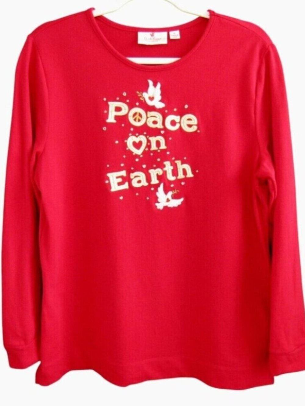 Quacker Factory Red Peace On Earth Christmas Top Size M Long Sleeve Holiday Dove